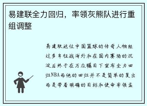 易建联全力回归，率领灰熊队进行重组调整
